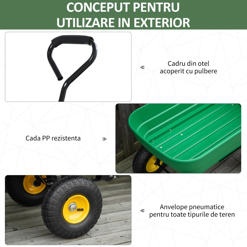 Outsunny Carucior de gradina din otel PP cada rabatabila maner de transport  verde inchis