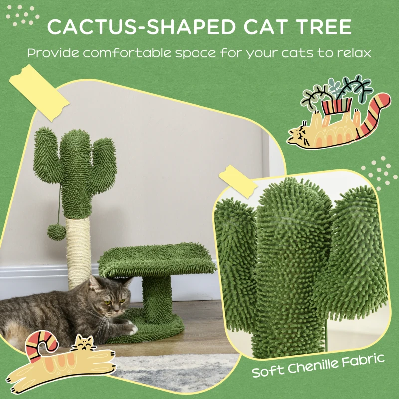 PawHut Copac in Forma de Cactus pentru Pisici de Interior Turn pentru Pisici cu Stalpi de Zgariat Pat pentru Pisici Minge de Jucarie Verde accesorii animale feline sala de gimnastica pisoi lounge mobila sufragerie