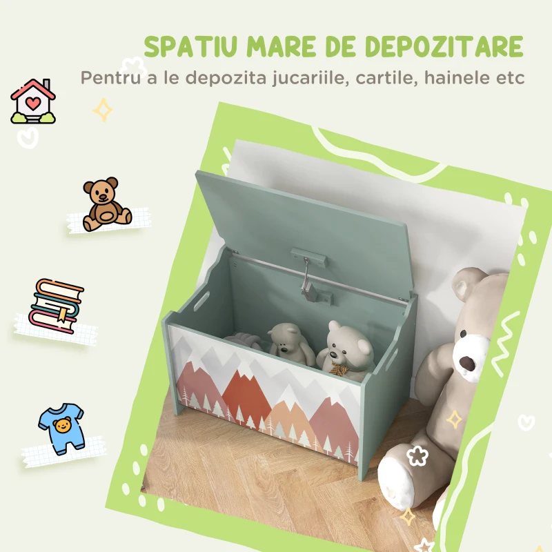 Cufăr de jucării pentru copii ZONEKIZ, ladă din lemn MDF cu capac și balama de siguranță, 60x37x39cm, de culoare verde