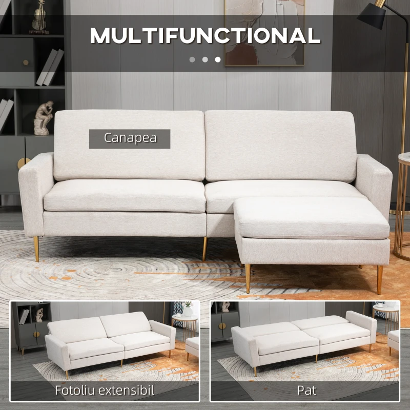 HOMCOM Canapea cu Taburet pentru Picioare, Canapea Extensibila cu 3 Locuri în Formă de L cu Spătar Reglabil, 213x91x83 cm, Crem(m-4)