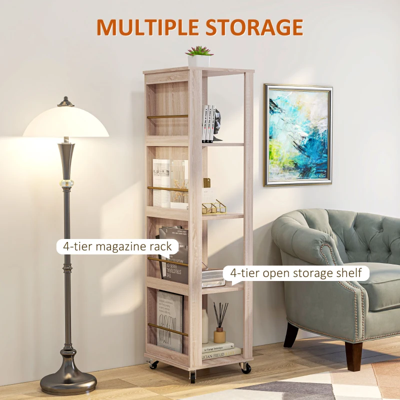 HOMCOM Raft de Depozitare cu 4 Nivele cu Roti, Raft Modern pentru Carti, Raft pentru Camera de Zi, Birou, in Ton de Stejar