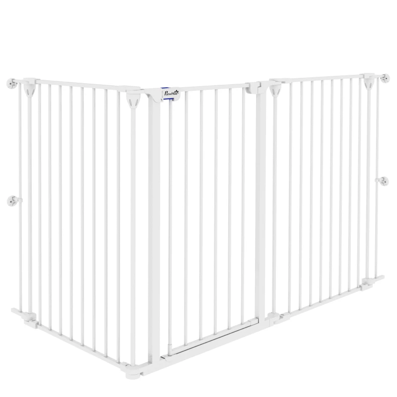 PawHut Poartă pentru Câini cu 3 Panouri și Sistem Dublu de Închidere, Barieră pentru Câini pentru Scări, Uși, Holuri, 206x90 cm, Alb