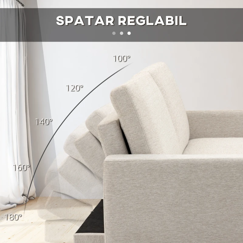 HOMCOM Canapea cu Taburet pentru Picioare, Canapea Extensibila cu 3 Locuri în Formă de L cu Spătar Reglabil, 213x91x83 cm, Crem(m-6)