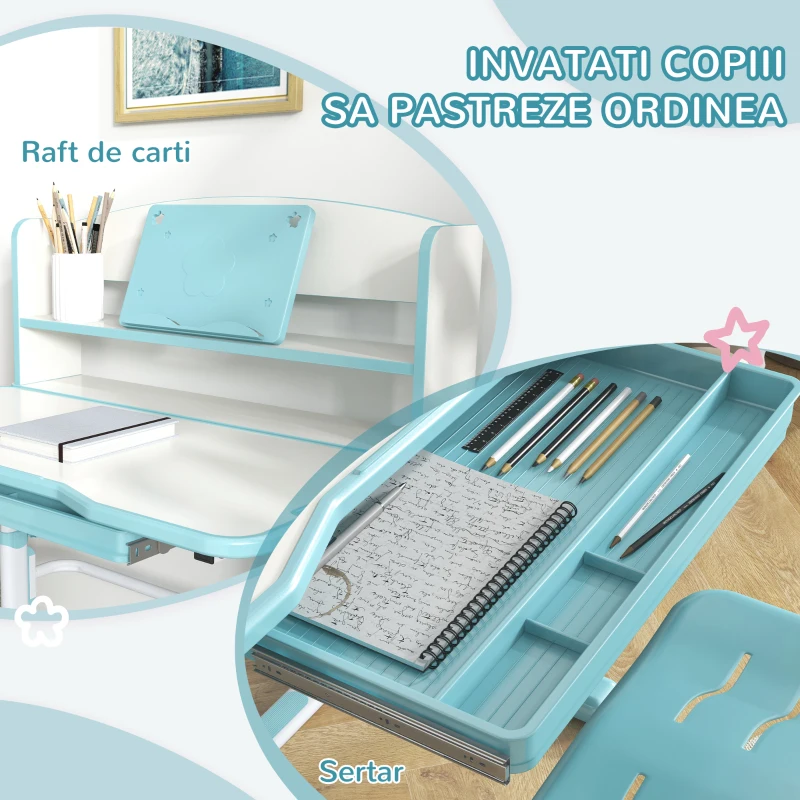 ZONEKIZ Set Birou si Scaun pentru Copii Reglabil in Inaltime Birou de Studiu pentru Copii pentru Scoala cu Sertar Raft pentru Carti Masa cu Unghi Reglabil