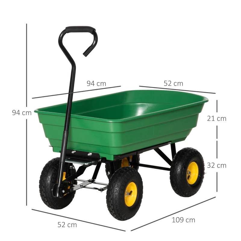 Carucior de Gradina Outsunny 75L din Otel si PP cu Cuva Rabatabila si Maner de Transport, 109x52x94 cm, Verde