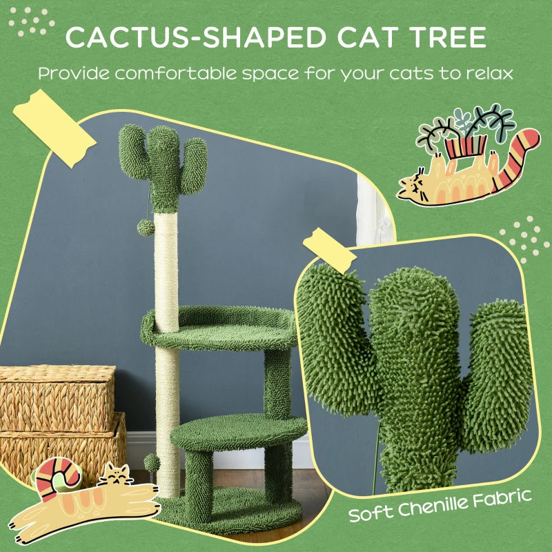PawHut Copac pentru Pisici in forma de Cactus Pisici de Interior Turn pentru Pisici cu Stalpi de Zgariat Pat pentru Pisici Bile de Jucarie Verde accesorii animale feline sala de gimnastica pisoi lounge mobila sufragerie