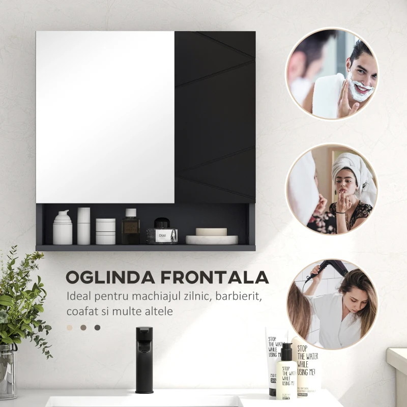 kleankin Dulap de baie oglinda usi oglinda de baie de perete rafturi reglabile cufa laterala toaleta acasa birou hol prosop manere dus colt baza inalta vopsit rezistent la apa