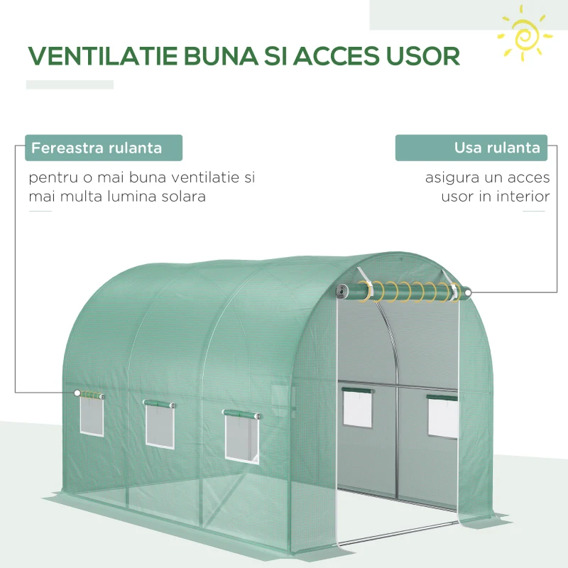 Outsunny Învelitoare pentru Seră cu 12 Ferestre, Ușă Rulabilă și Margini Îngropate, 3x2x2 m, Verde