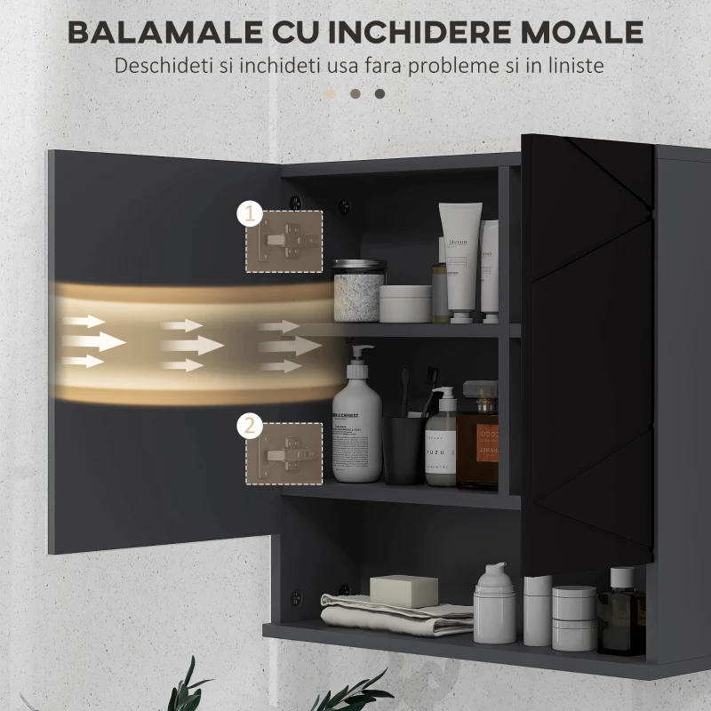 kleankin Dulap de baie oglinda usi oglinda de baie de perete rafturi reglabile cufa laterala toaleta acasa birou hol prosop manere dus colt baza inalta vopsit rezistent la apa