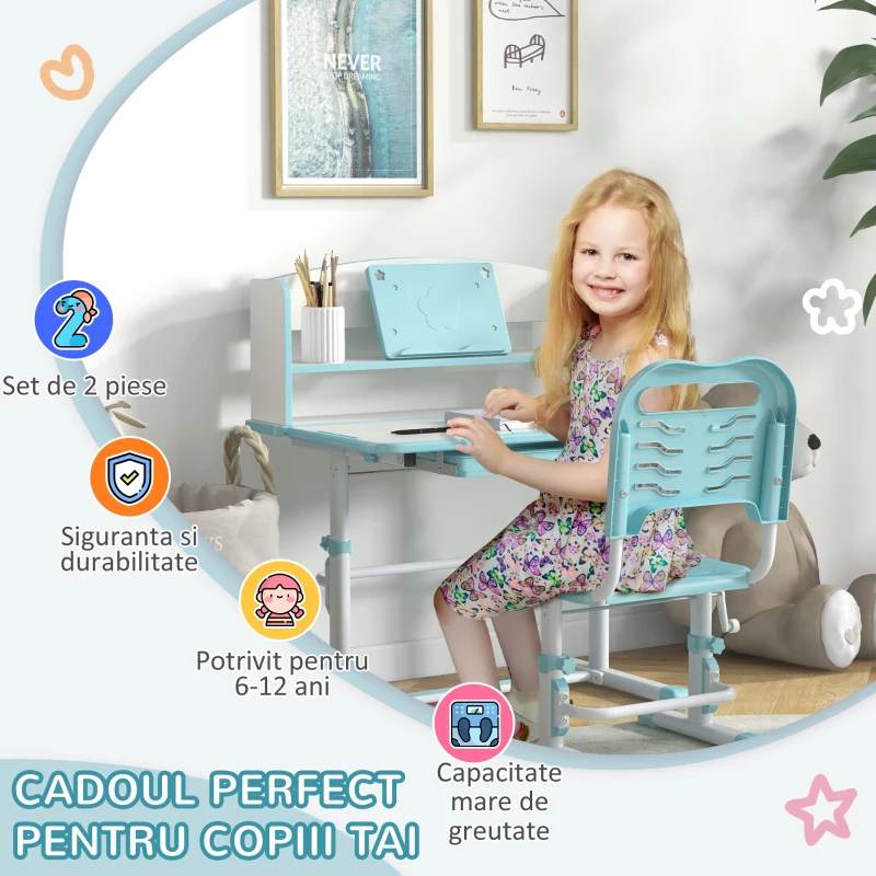 ZONEKIZ Set Birou si Scaun pentru Copii Reglabil in Inaltime Birou de Studiu pentru Copii pentru Scoala cu Sertar Raft pentru Carti Masa cu Unghi Reglabil