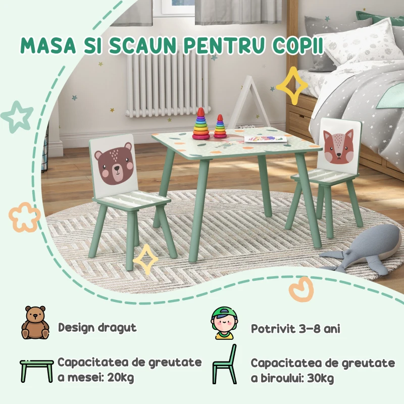 ZONEKIZ Set masa si scaun 3 piese pentru copii MDF lemn de pin desene animale verde distractie copii indemanare confortabil pentru copii model cu desene