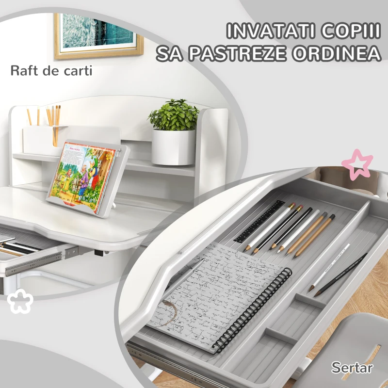 ZONEKIZ Set Birou si Scaun pentru Copii Reglabil in Inaltime Birou de Studiu pentru Copii pentru Scoala cu Sertar Raft pentru Carti Masa cu Unghi Reglabil Covoras