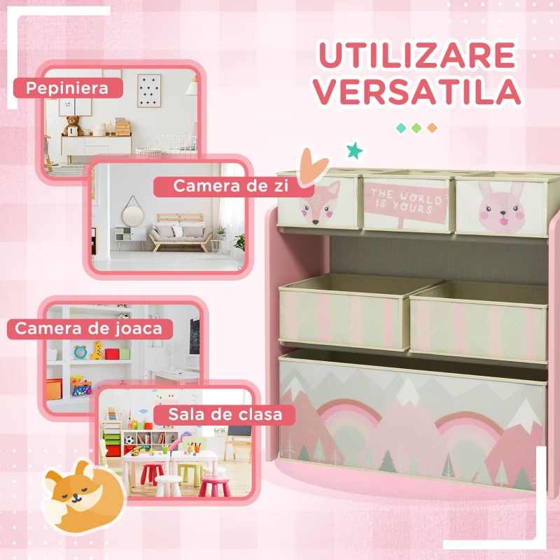 Raft mobil ZONEKIZ pentru jucării cu 6 containere detașabile din material textil, 63x30x66cm, de culoare roz