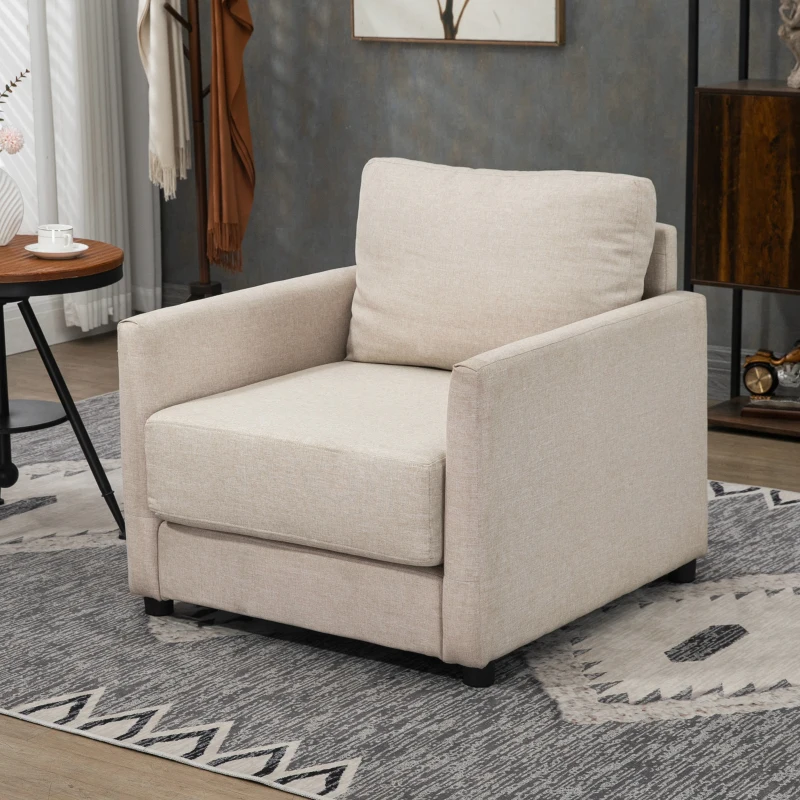 HOMCOM Fotoliu modern din tesatura cu efect de in respirabil fotoliu captusit cu buzunar interior bej fotoliu pentru oaspeți sufragerie camera de zi dormitor dormitor interior casă