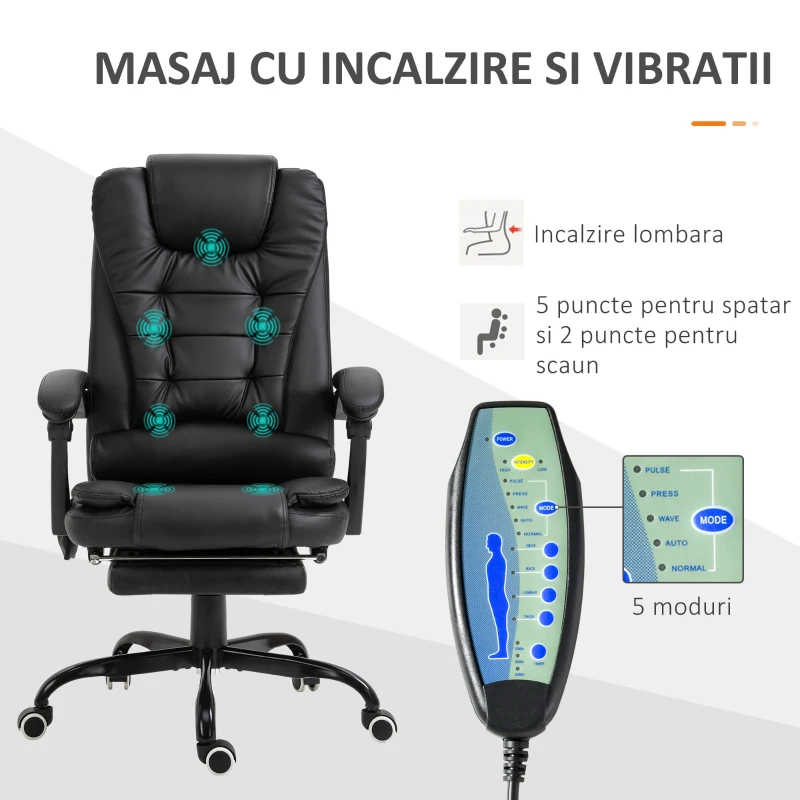 Vinsetto Fotoliu de birou cu masaj cu 7 puncte de vibratie scaun de birou ergonomic suport pentru picioare spatar inclinat negru fotoliu pentru oaspeți sufragerie camera de zi dormitor dormitor interior casă
