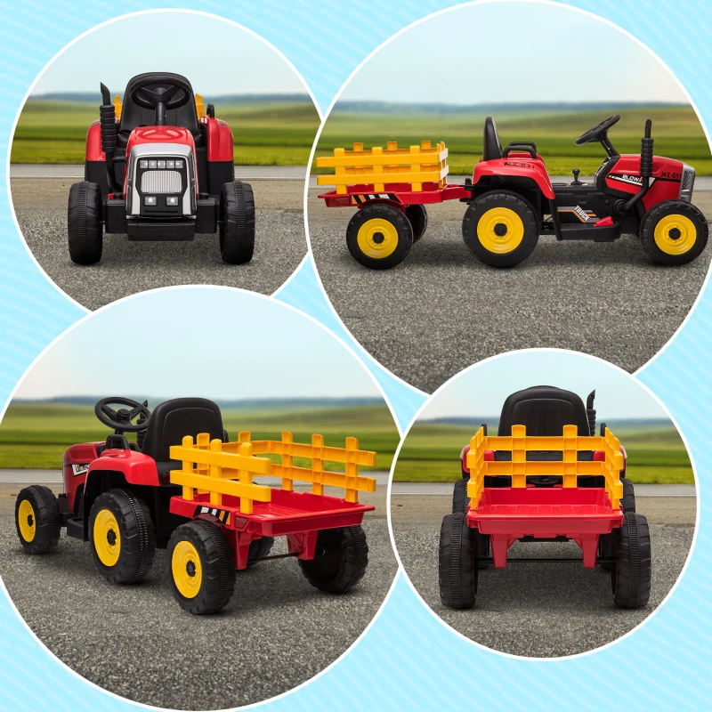 HOMCOM Tractor Electric Copii – 12 V cu Remorca, Muzica & Telecomanda(m-9)