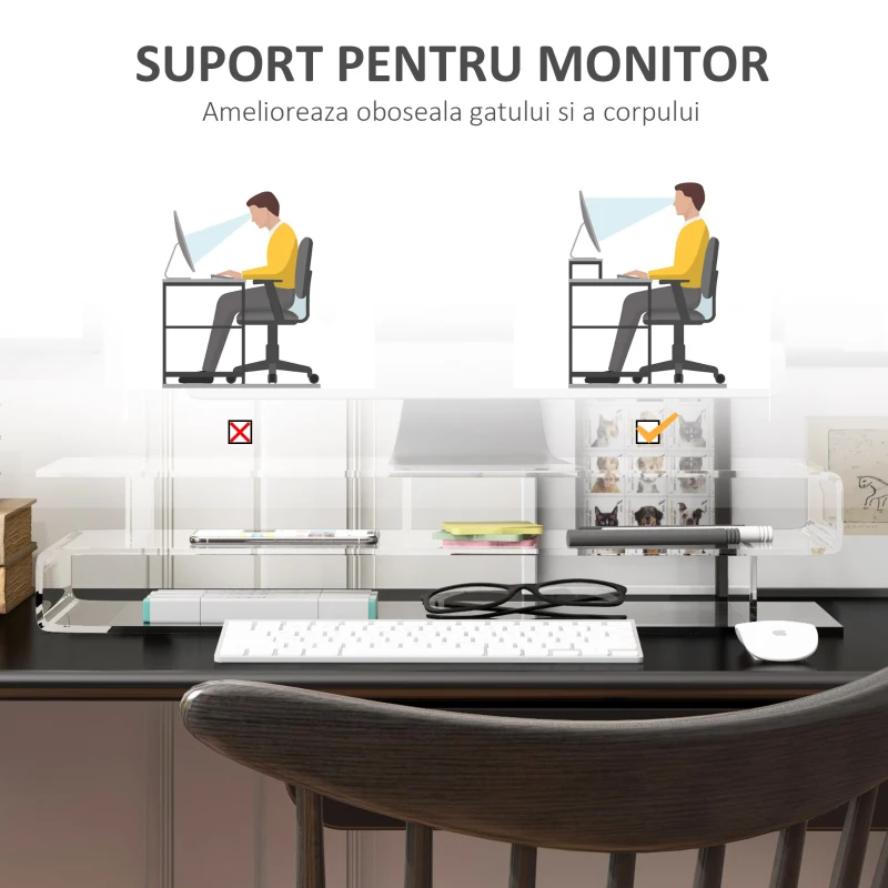 HOMCOM Suport din Acril pentru Monitor cu Depozitare Tastatura Raft Organizator de Birou de Depozitare pe Niveluri