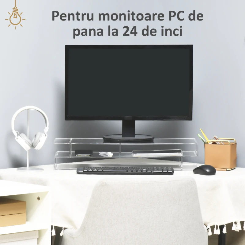 HOMCOM Suport din Acril pentru Monitor cu Depozitare Tastatura Raft Organizator de Birou de Depozitare pe Niveluri
