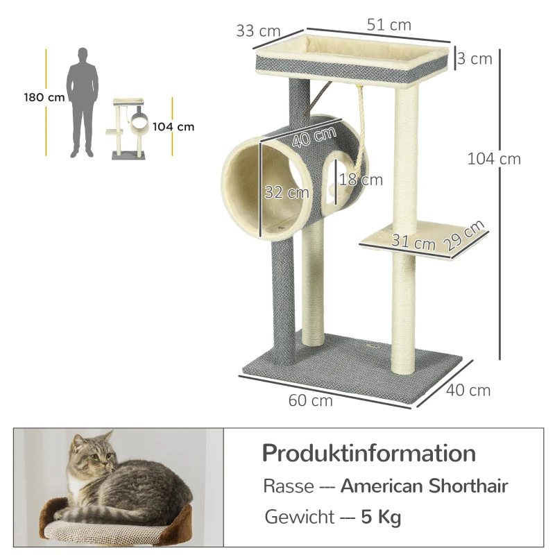 PawHut Cat Tree Scratching Post, 1 Cat Cave, 2 Lounging Areas, 60 cm x 40 cm x 104 cm, Gray + Natural