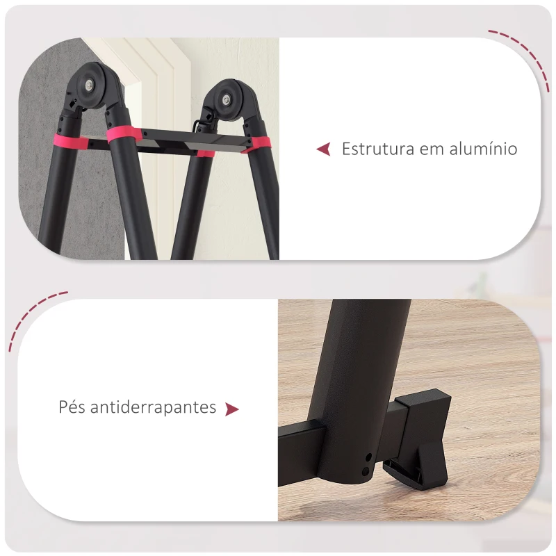 HOMCOM Escada de Alumínio Dobrável 2 Formas de Utilização Retrátil Escada Telescópica com 12 Degraus 67,5x11x379 cm Preto e Vermelho