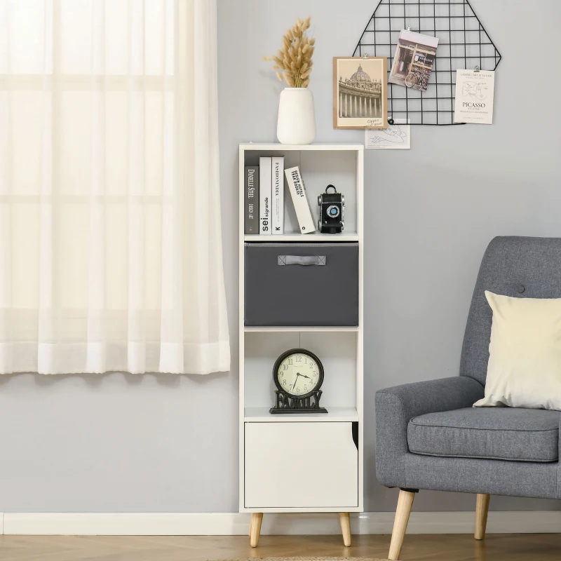 HOMCOM Bookcase with Door and Fabric Drawer, 3 Tier Bookshelf Display Cabinet with Wooden Legs for Living Room Bedroom Study, White