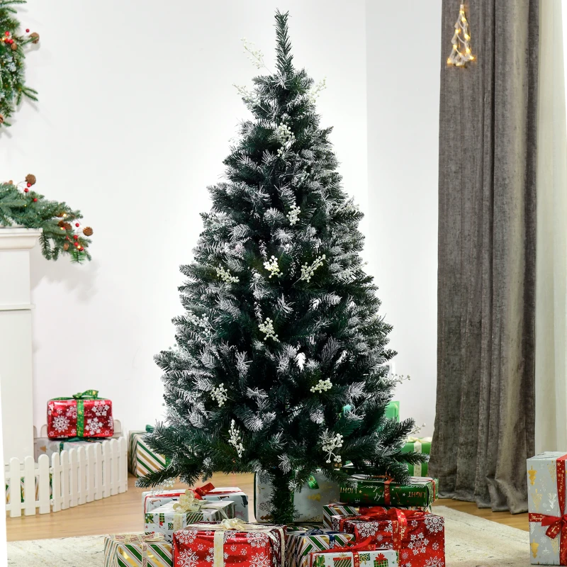 HOMCOM 5FT Artificial Snow-Dipped Christmas Tree Xmas | Home Home Indoor Decoration | Removable Stand w/ White Berries Star Topper Branch Green