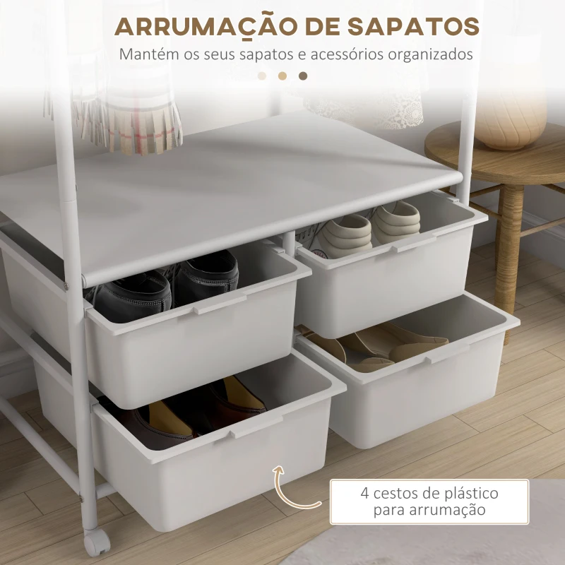 HOMCOM Charriot Moderno 8 Ganchos e 4 Cestos para Armazenamento Charriot com Rodas e Estrutura de Aço 63x37x153 cm Branco