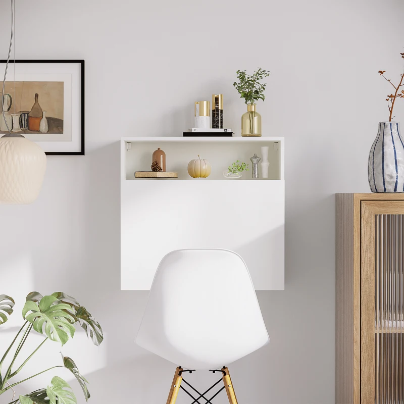 HOMCOM Secretária de Parede Moderna Dobrável Multifuncional com Prateleiras de Armazenamento Carga 40 kg 64x20x60 cm Branco
