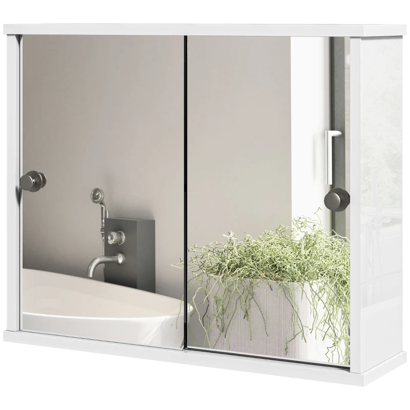 kleankin Armário Casa de Banho com Espelho Prateleira Ajustável e Porta de Correr Dupla com Espelho 55x15x45 cm Branco Brilhante