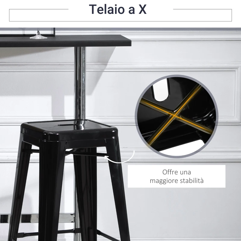 HOMCOM Set 4 Sgabelli da Bar in Metallo con Poggiapiedi per Interni ed Esterni, 43x43x76 cm, Nero