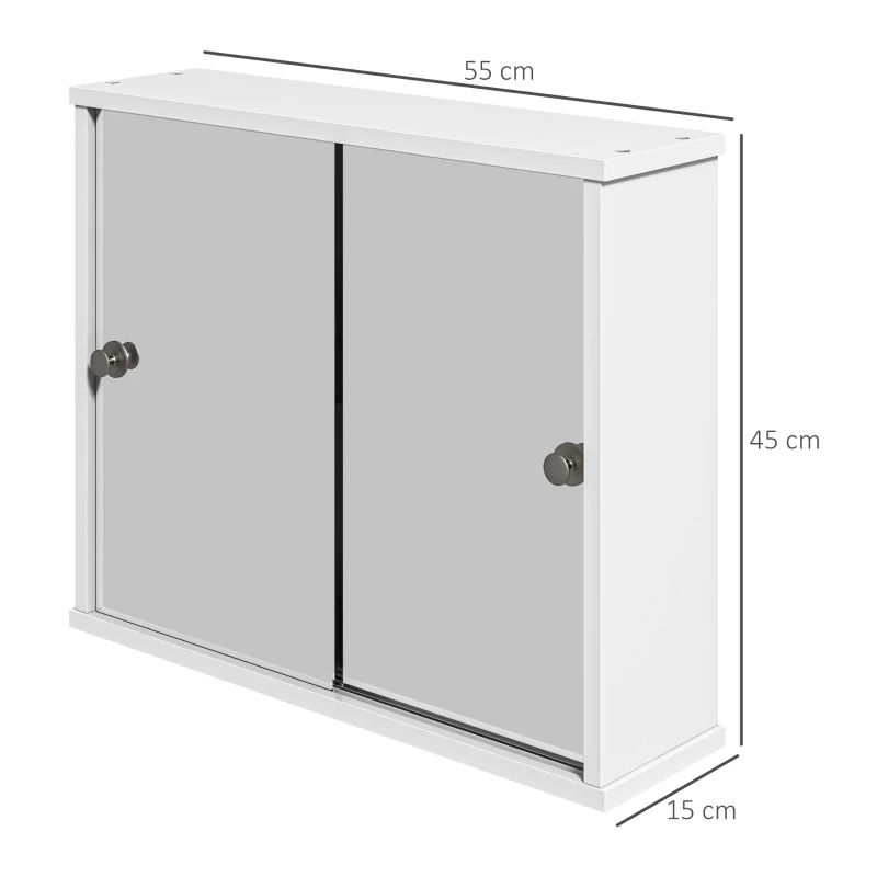 kleankin Armário Casa de Banho com Espelho Prateleira Ajustável e Porta de Correr Dupla com Espelho 55x15x45 cm Branco Brilhante