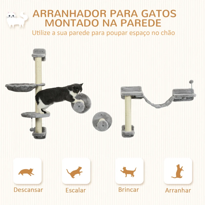 PawHut Prateleiras de Escalada para Gatos de Parede com Rede Plataformas Poste de Sisal e Escada 84,5x19x54 cm Cinza e Bege
