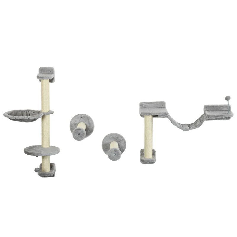 PawHut Prateleiras de Escalada para Gatos de Parede com Rede Plataformas Poste de Sisal e Escada 84,5x19x54 cm Cinza e Bege