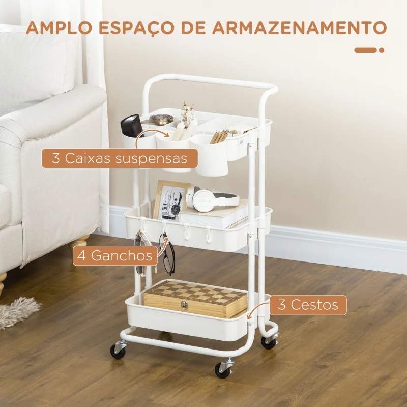 HOMCOM Carrinho de Cozinha Carrinho de Armazenamento com 4 Ganchos 3 Cestas Removíveis 3 Caixas Suspensas 42x38x86,5 cm Branco