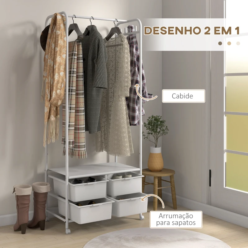 HOMCOM Charriot Moderno 8 Ganchos e 4 Cestos para Armazenamento Charriot com Rodas e Estrutura de Aço 63x37x153 cm Branco