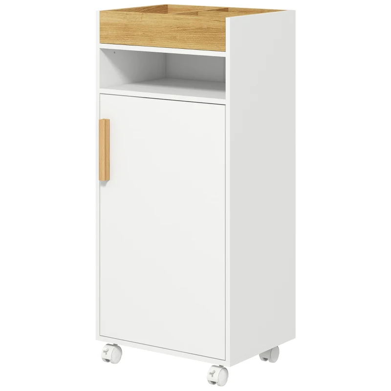 kleankin Armário Casa de Banho Moderno com Prateleiras Ajustáveis Armário Bandeja Amovível e Rodas 40x30x88 cm Branco e Carvalho