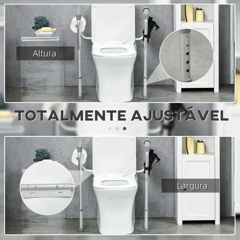 HOMCOM Barra de Segurança para Sanita de Alumínio Apoio de Segurança para Sanita Ajustável com Alça Antiderrapante e Bolso 55-62x47x64-74 cm Prata
