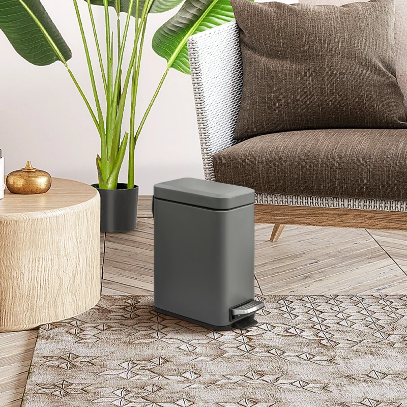 HOMCOM 5L Pedal Bin, Bathroom Bin Small, Steel, with Quiet-Closed Lid, Silent and Gentle Open, Oversized pedal, Back Pull Ring