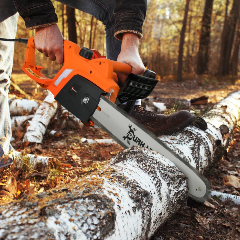 DURHAND Aluminium Electric Chainsaw with Double Brake Protection and Blade Cover, 2000 W, 40 cm, for Wood, Trees and Branches, Orange