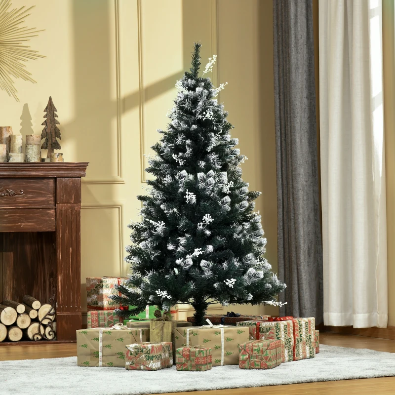 HOMCOM 5FT Artificial Snow-Dipped Christmas Tree Xmas | Home Home Indoor Decoration | Removable Stand w/ White Berries Star Topper Branch Green