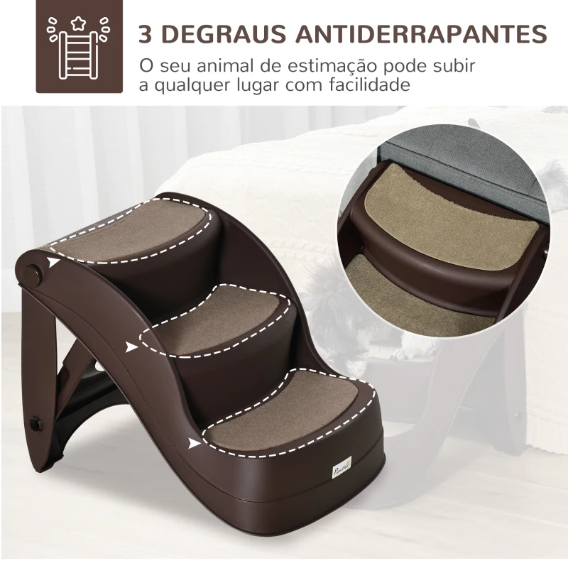 PawHut Escada para Cães de 3 Degraus Dobrável Escada para Animais de Estimação com Tapetes Antiderrapantes 49x38x38 cm Marrom