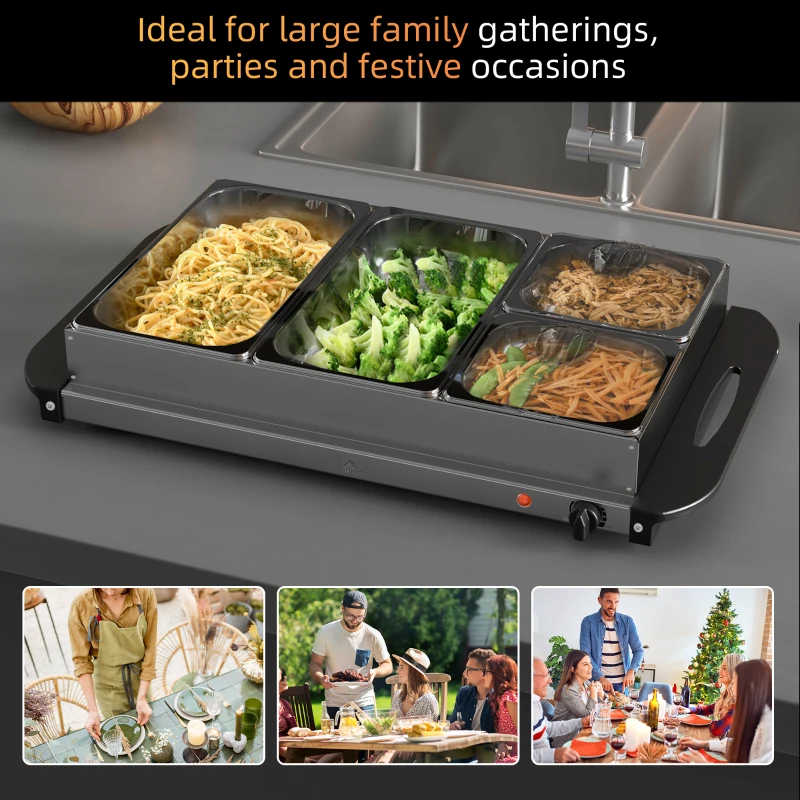 HOMCOM 4 Tray Electric Food Warmer Buffet Server with Warming Plate, Cool Touch Handles, Adjustable Temperature, 300W, 2 x 2.4L and 2 x 1L Pans