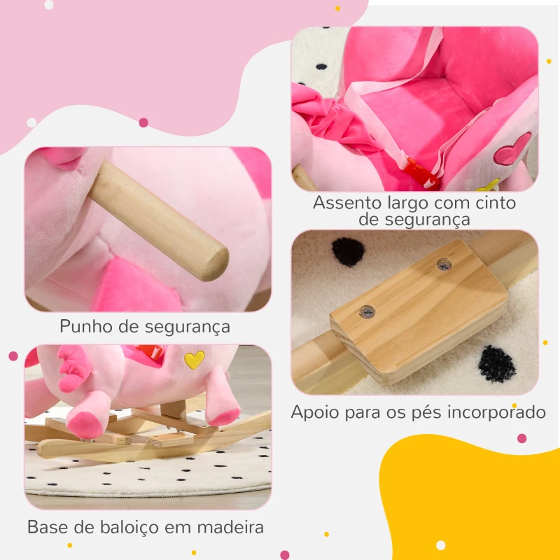 HOMCOM Cavalo Baloiço para Bebés Baloiço em Forma de Unicornio com Música Cinto de Segurança e Apoio para os Pés 65x35x45 cm Rosa