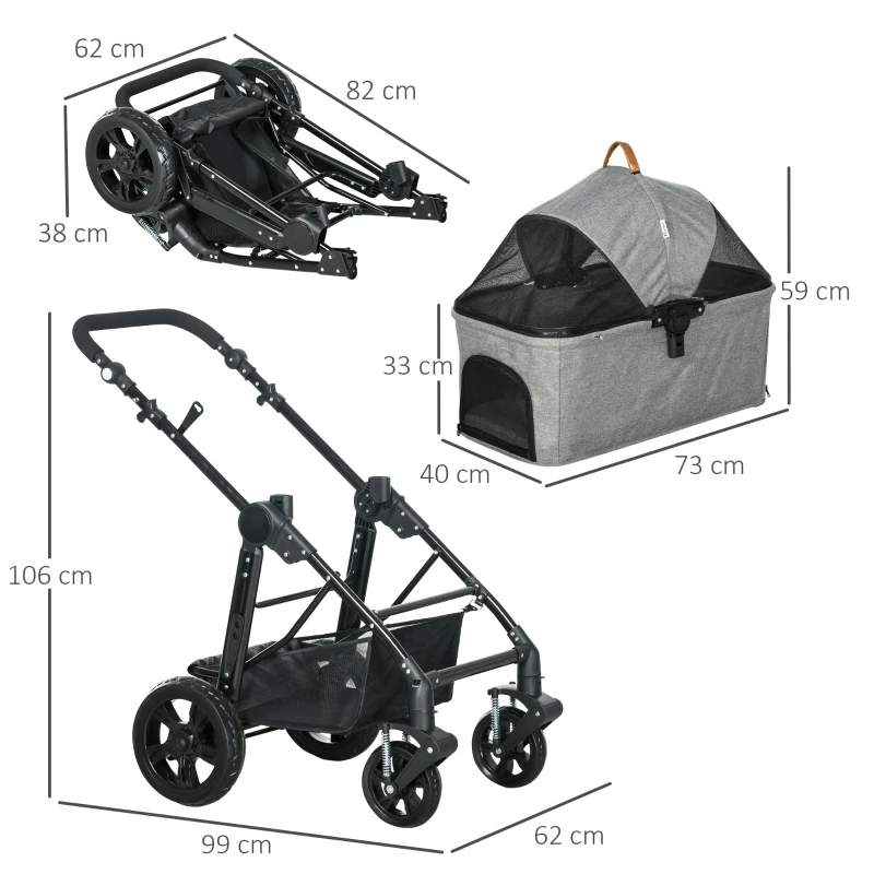 PawHut No-zip Detachable Pet Stroller Foldable Dog Cat Travel Carriage Carrying Bag