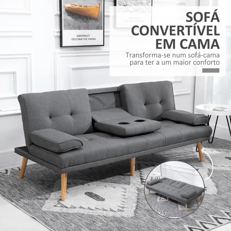 HOMCOM Sofá Cama 3 Lugares com Encosto Ajustável Apoio para os Braços Desmontável e 2 Suportes para Copos 181x77x78 cm Cinza