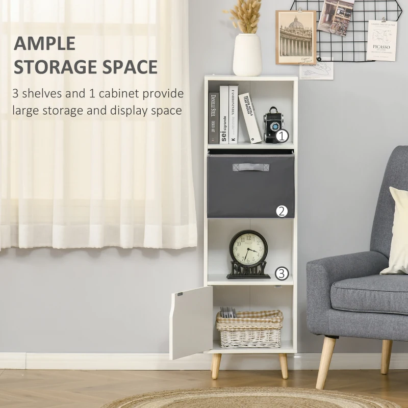 HOMCOM Bookcase with Door and Fabric Drawer, 3 Tier Bookshelf Display Cabinet with Wooden Legs for Living Room Bedroom Study, White