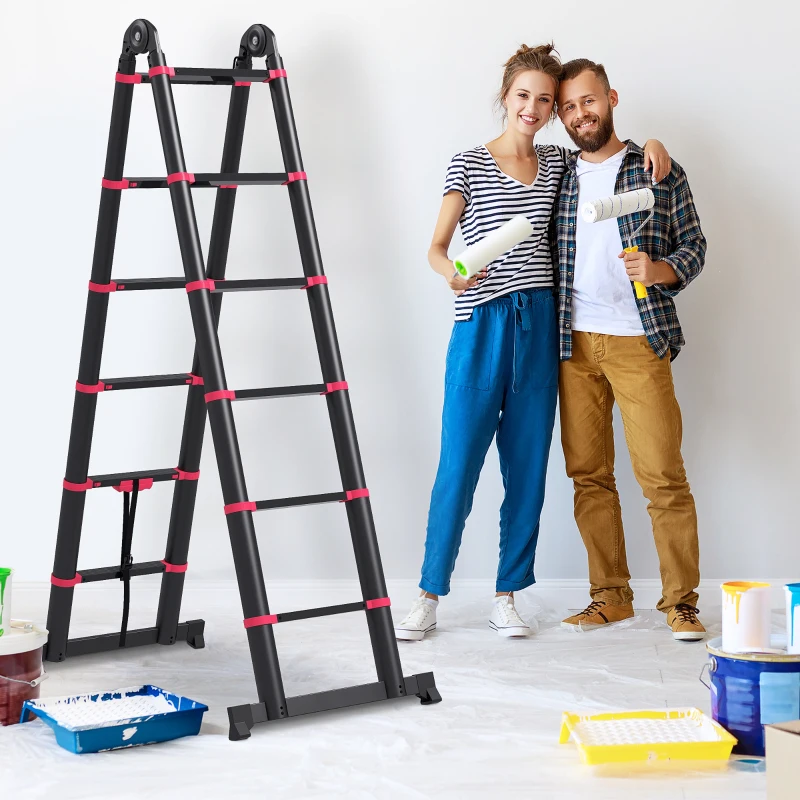 HOMCOM Escada de Alumínio Dobrável 2 Formas de Utilização Retrátil Escada Telescópica com 12 Degraus 67,5x11x379 cm Preto e Vermelho