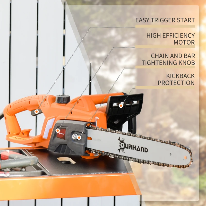 DURHAND Aluminium Electric Chainsaw with Double Brake Protection and Blade Cover, 2000 W, 40 cm, for Wood, Trees and Branches, Orange