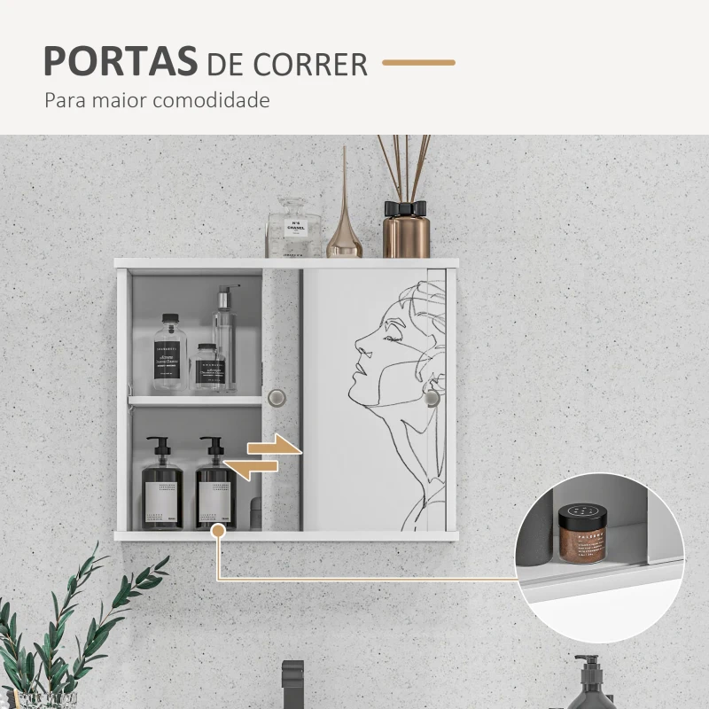 kleankin Armário Casa de Banho com Espelho Prateleira Ajustável e Porta de Correr Dupla com Espelho 55x15x45 cm Branco Brilhante