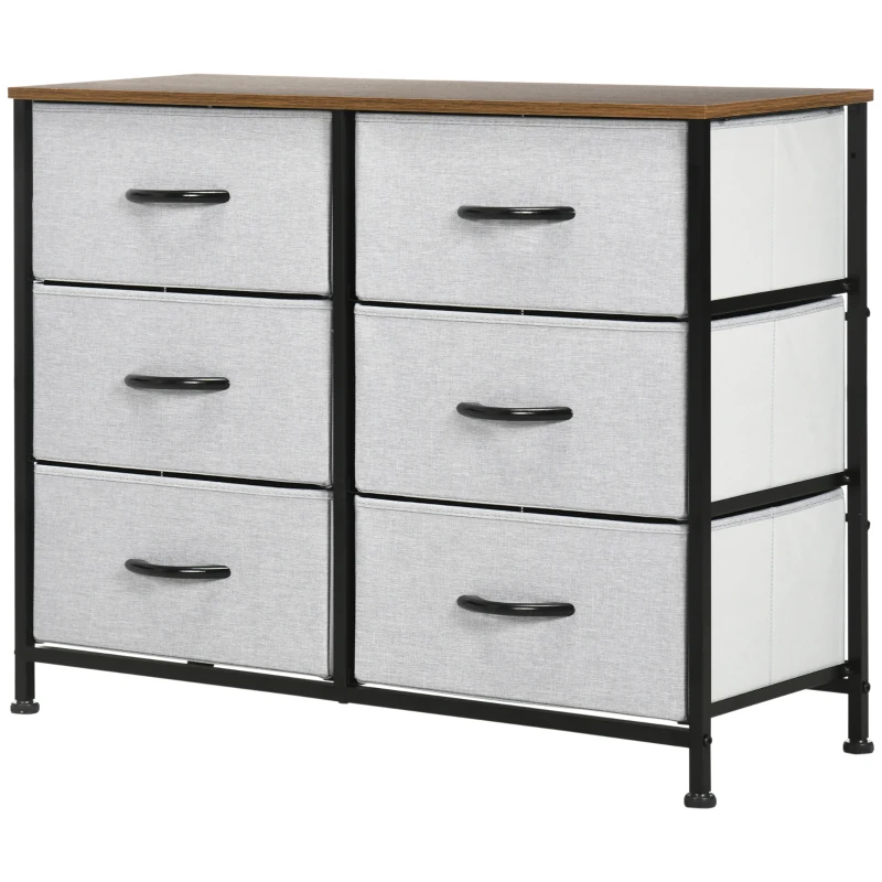 HOMCOM Cómoda Estilo Industrial Cómoda com 6 Gavetas de Tecido Dobrável com Pés com Almofadas Ajustáveis 80x30x62,5 cm Cinza e Marrom